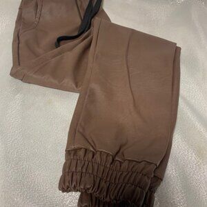 VENTI6 BROWN FAUX LEATHER PANTS JOGGER XS ELASTIC WAIST W/DRAWSTRINGS